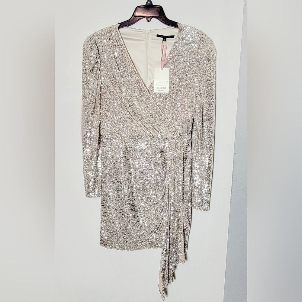 NWT Alex Marie Sequin Surplice Faux Wrap Dress W/ Tassel Size 8P - Picture 2 of 8